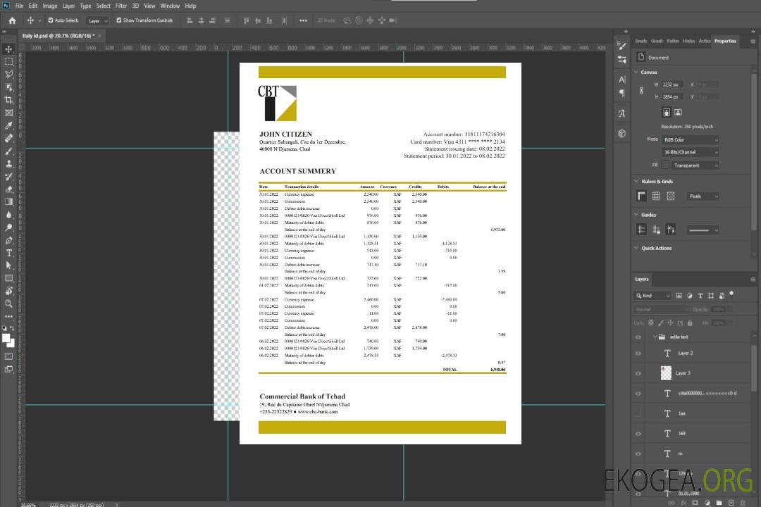 Relevé bancaire de la Chad Commercial Bank of Tchad template